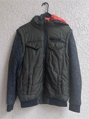 Men's Olive Quilted Hooded Jacket with Charcoal Knit Sleeves